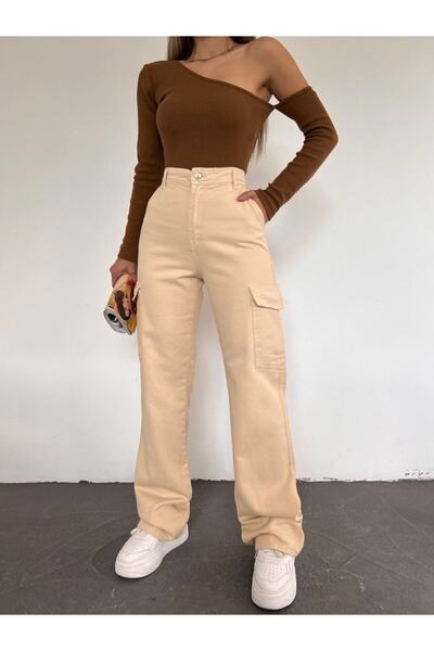 LAMİRA Monstar Γυναικεία Κρέμα Lycra Πίσω Τσέπη Μοντέλο Cargo Palazzo Παντελόνι