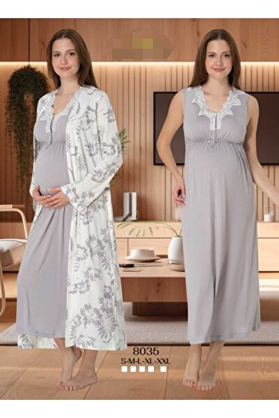 Lohussa Kadın Gri Dantelli Özel Tasarım Pamuk Penye Hamile Lohusa Sabahlık Ge...