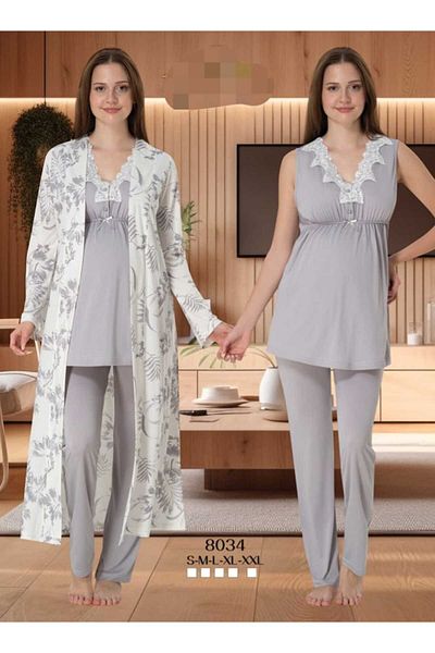 Lohussa Women's Gray Lace Special Design Cotton Combed Maternity Maternity Dressing Gown Pajamas Set Set