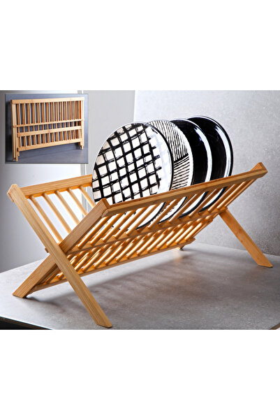 Sensoria Bambu Tabaklık Doğal Ahşap Tabak Standı Bulaşıklık Katlanabilir Taba...