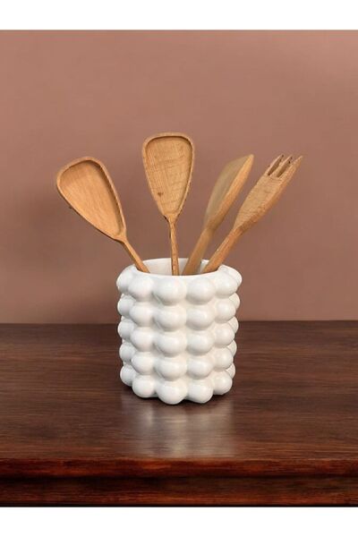 gözde hobi Θήκη για μαχαιροπίρουνα πάγκου Gözdehobi | Λευκό βάζο με φούσκα 5 χάντρες κεραμικό σχέδιο μαχαιροπήρουνα