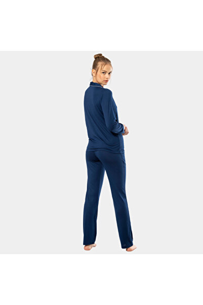 TÜREN Solid Long Sleeve Shirt Collar Pajamas Suit 3365/Navy