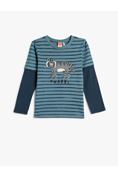 Koton Tişört Kaplan Aplike Detaylı Bisiklet Yaka Uzun Kollu Pamuklu