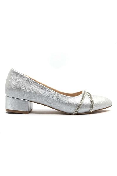 KCMN Pantofi clasici de damă cu toc de 4 cm Mehtap cu dungi duble, cu detaliu în piatră, ARGINT