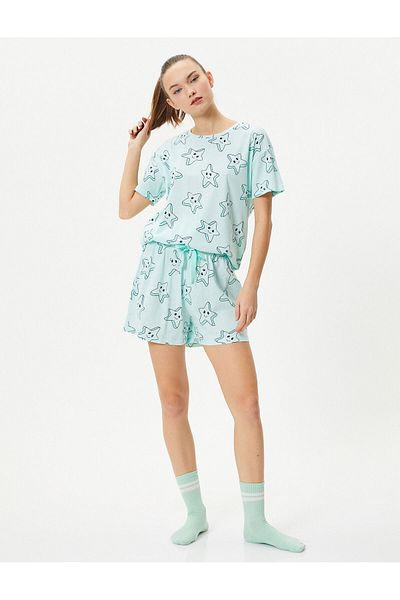 Koton Set de pijama pantaloni scurți cu mânecă scurtă cu decolteu rotund Imprimat