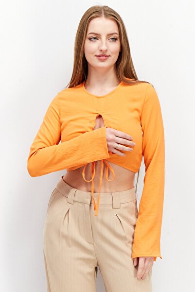 Sinsay Women Round Neck Long Sleeve Plain Top, Orange