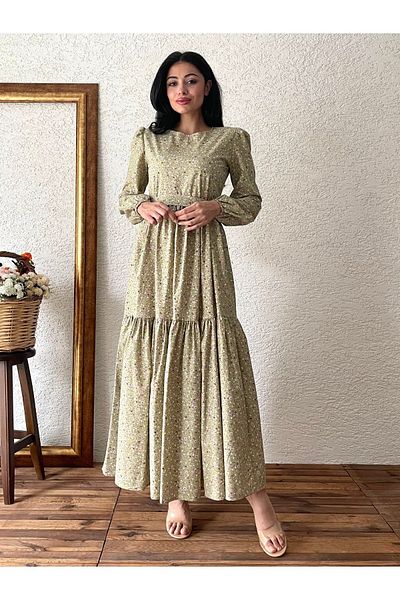 KÜÇÜĞÜM BUTİK Green Floral Patterned Poplin Layered Dress