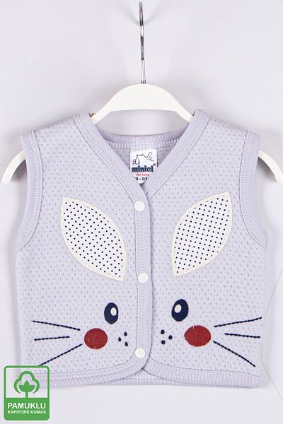 Miniel Unisex Baby Face Rabbit Embroidered Organic Cotton 1-3-6-9 Months Quilted Baby Vest - Gray