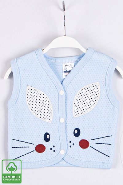 Miniel Baby Boy Face Rabbit Embroidered Organic Cotton 1-3-6-9 Months Quilted Baby Vest - Blue