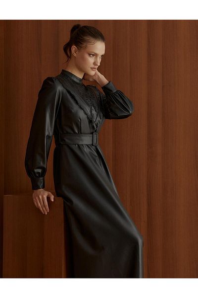 Kayra Full Length Laser Cut Black Faux Leather Dress