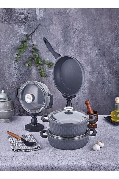 oney-pazar Carabella Cast Glass Cover 7 Piece Cookware Set Gray