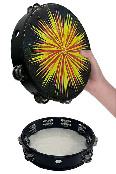 Midex TF-30BK Tamburină cu două rânduri cu 8 clopote Tamburină cu piele neagră (25,5 cm)