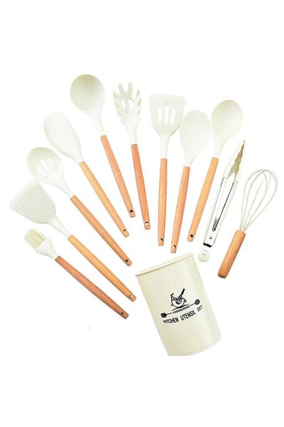 Polham 12 Pieces Wooden Handle Colander Spatula Kitchen Serving Set - with Storage Box