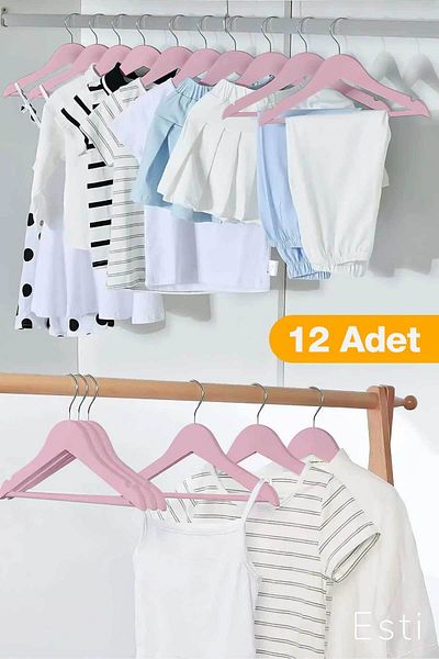 ESTİ 12 Pink Wooden Look Children's and Baby's Dresses - Clothing Hangers