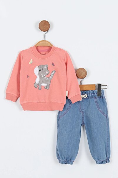 MAİBELLA Cat Pattern Cotton Sweat for Baby Girl - Jeans and Trousers Set of 2