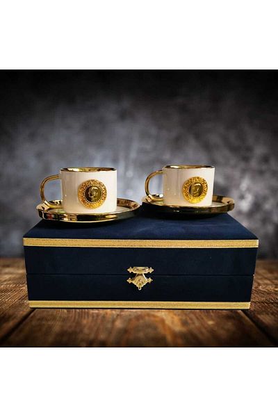 Kosova Ata Gold Porcelain 2-Piece Velvet Boxed Coffee Cup Set 80 Cc