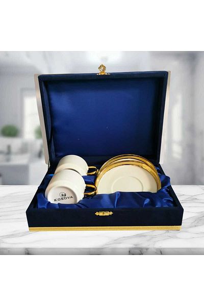 Kosova Ata Gold Porcelain 2-Piece Velvet Boxed Coffee Cup Set 80 Cc