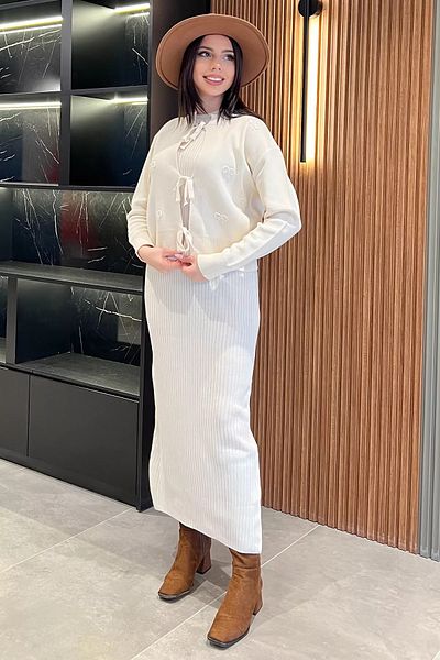 GÜLSELİ Cream Front Tie Pearl Jacket Dress Knitwear Double Set