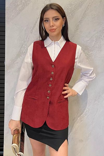 GÜLSELİ Burgundy Women's Double Breasted Collar Lined Vest