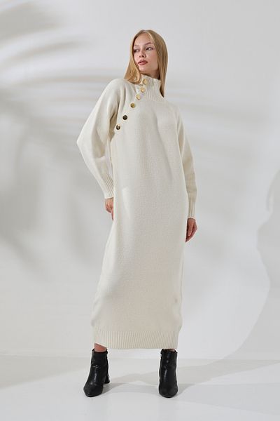 ALCHON Half Turtleneck Stand Collar Long Sleeve Asymmetrical Button Detail Soft Textured Full Ankle Length Knitwear Dress
