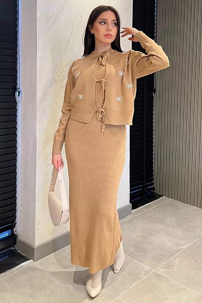 GÜLSELİ Biscuit Front Tie Pearl Jacket Dress Knitwear Double Set