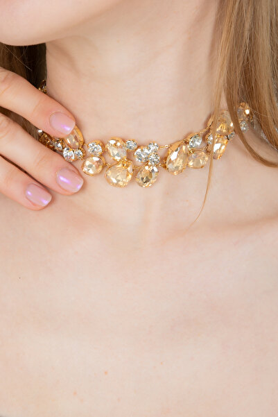 Furtek Aksesuar Kadın Salaş Dizim Gold Zirkon Taşlı Altın Renk Kaplamalı Parıltılı Abiye Düğün Choker Kolye Modeli