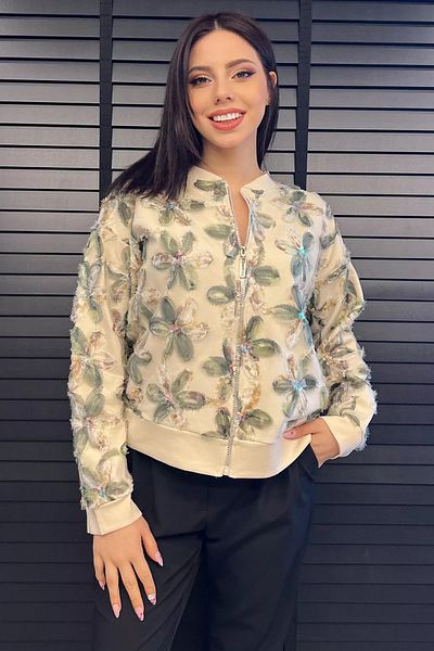 GÜLSELİ Stone Green Women's Tulle Floral Print Jacket Cardigan
