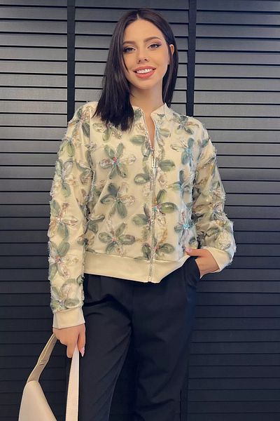 GÜLSELİ Stone Green Women's Tulle Floral Print Jacket Cardigan