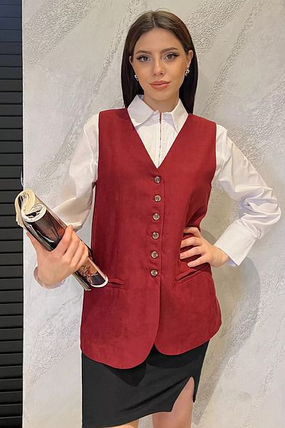 GÜLSELİ Burgundy Women's Double Breasted Collar Lined Vest