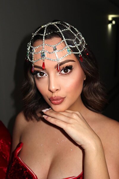 TAKIŞTIR Gümüş Renk Kırmızı Taş Detaylı Saç Aksesuarı/ Kına Aksesuarı