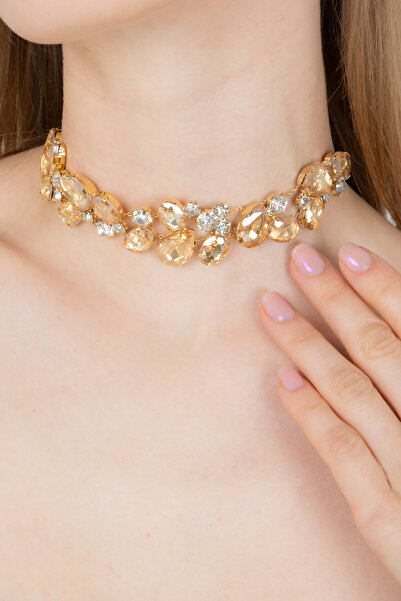 Furtek Aksesuar Kadın Salaş Dizim Gold Zirkon Taşlı Altın Renk Kaplamalı Parıltılı Abiye Düğün Choker Kolye Modeli