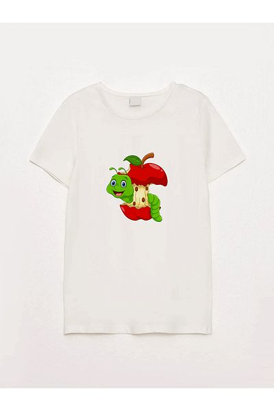 sielta Appleworm Printed Crew Neck Ecru Kids T-Shirt