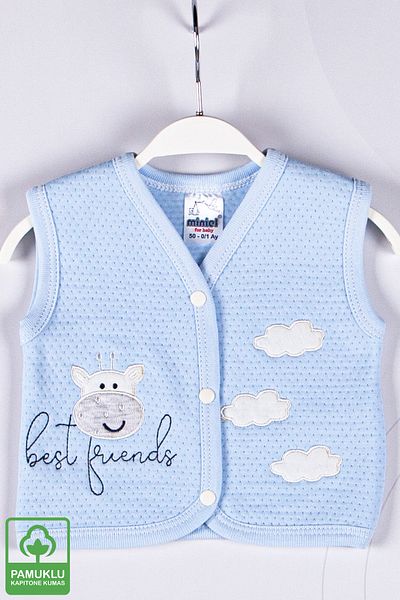 Miniel Baby Boy Cloudy Cow Embroidered Organic Cotton 1-3-6-9 Months Quilted Baby Vest - Blue