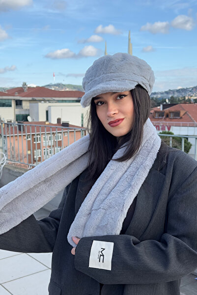 Mollycrush Women's Gray Faux Fur Plush Captain Hat and Scarf Set - 2-Piece Winter Set