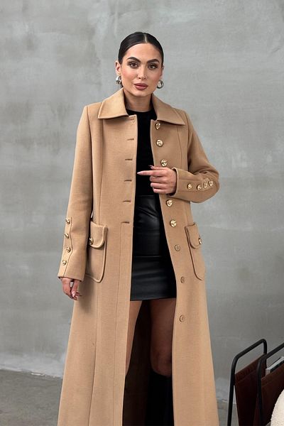 Olcay Cashmere Coat Biscuit 3086 with Metal Button and Bag Pocket Detail