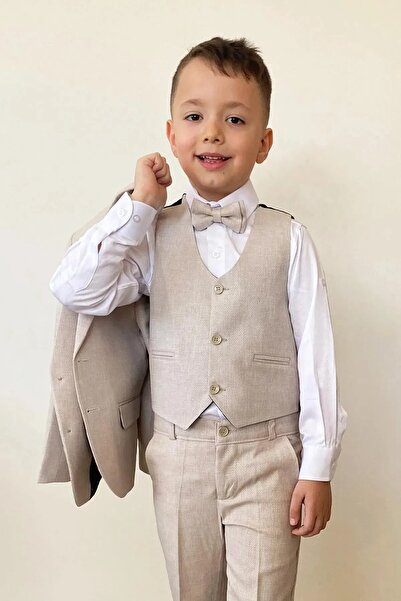 Tiril Tiril Erkek Çocuk Ceketli Yelekli Papyonlu Takım Elbise Bej
