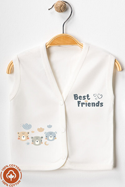 Miniel Unisex Baby Friends Teddy Bear Printed Organic Cotton 3-6-9 Months 2-Piece Combed Baby Vest Set