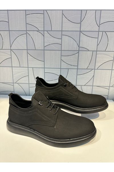 Anıl Ayakkabı St 305 Black Nubuck Genuine Leather Soft Sole Thick Rubber Laced Casual Daily Shoes