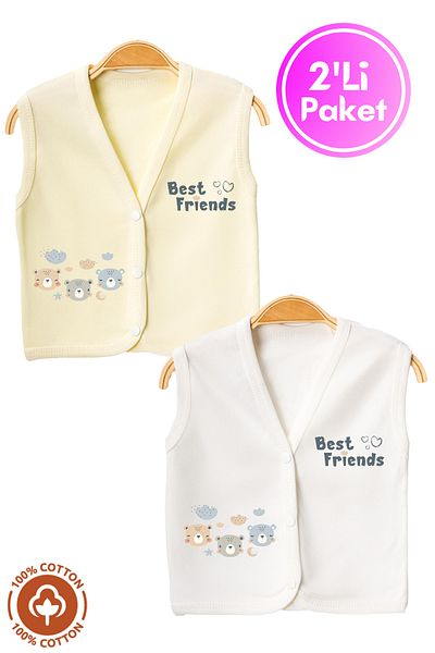 Miniel Unisex Baby Friends Teddy Bear Printed Organic Cotton 3-6-9 Months 2-Piece Combed Baby Vest Set