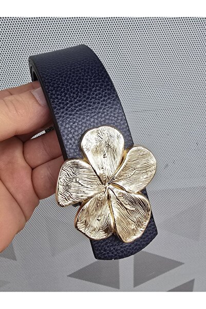 Kemerix Women's Gold Buckle Reversible Navy Blue-Black Belt