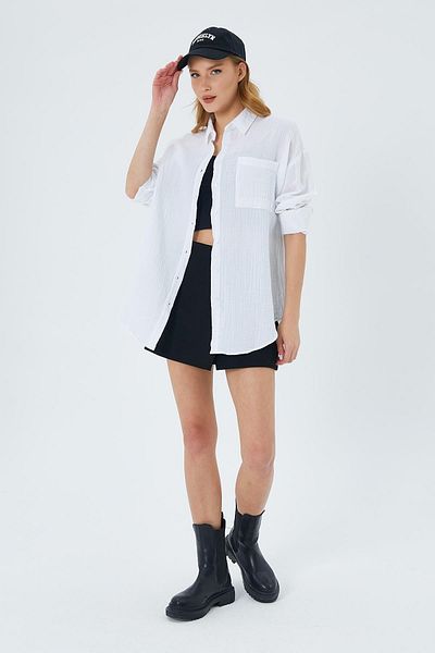 Mixray 3833 Μοντέλο Λευκό Μουσελίνα Oversize Πουκάμισο - Με Τσέπη