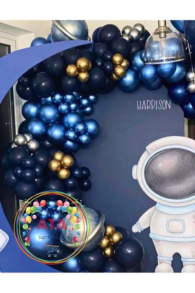 Ata Parti Dünyası Birthday Concept - Midnight Blue, Chrome Gold and Silver, Chrome Blue 100 Pieces Balloon Chain Party Set