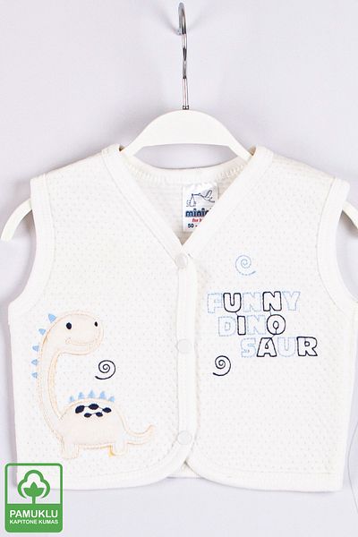 Miniel Baby Boy Funny Dino Embroidered Organic Cotton 1-3-6-9 Months Quilted Baby Vest - Ecru/blue