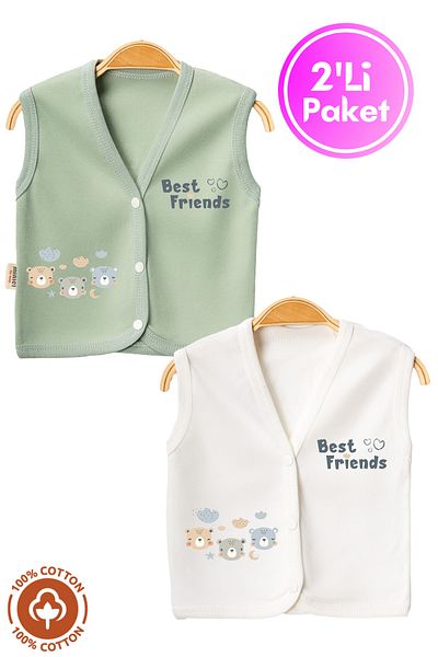 Miniel Unisex Baby Friends Teddy Bear Printed Organic Cotton 3-6-9 Months 2-Piece Combed Baby Vest Set