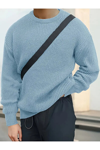 Tarz Cool Мъжки син пуловер с права кройка и обло деколте