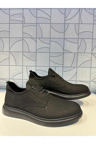 Anıl Ayakkabı St 305 Black Nubuck Genuine Leather Soft Sole Thick Rubber Laced Casual Daily Shoes