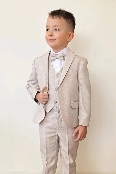 Tiril Tiril Erkek Çocuk Ceketli Yelekli Papyonlu Takım Elbise Bej