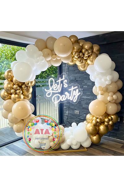 Ata Parti Dünyası Birthday Concept - *Chrome Gold* White and Sea Sand 100-Piece Balloon Chain Party Set