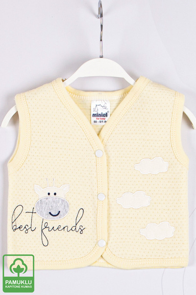 Miniel Unisex Baby Starry Cat Embroidered Organic Cotton 1-3-6-9 Months Quilted Baby Vest - Yellow