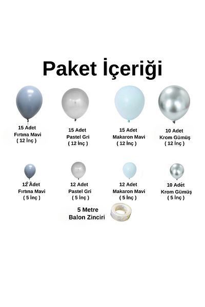 Ata Parti Dünyası Birthday Concept - 100 Pieces Blue*Grey*Chrome Silver Balloon Chain Party Set